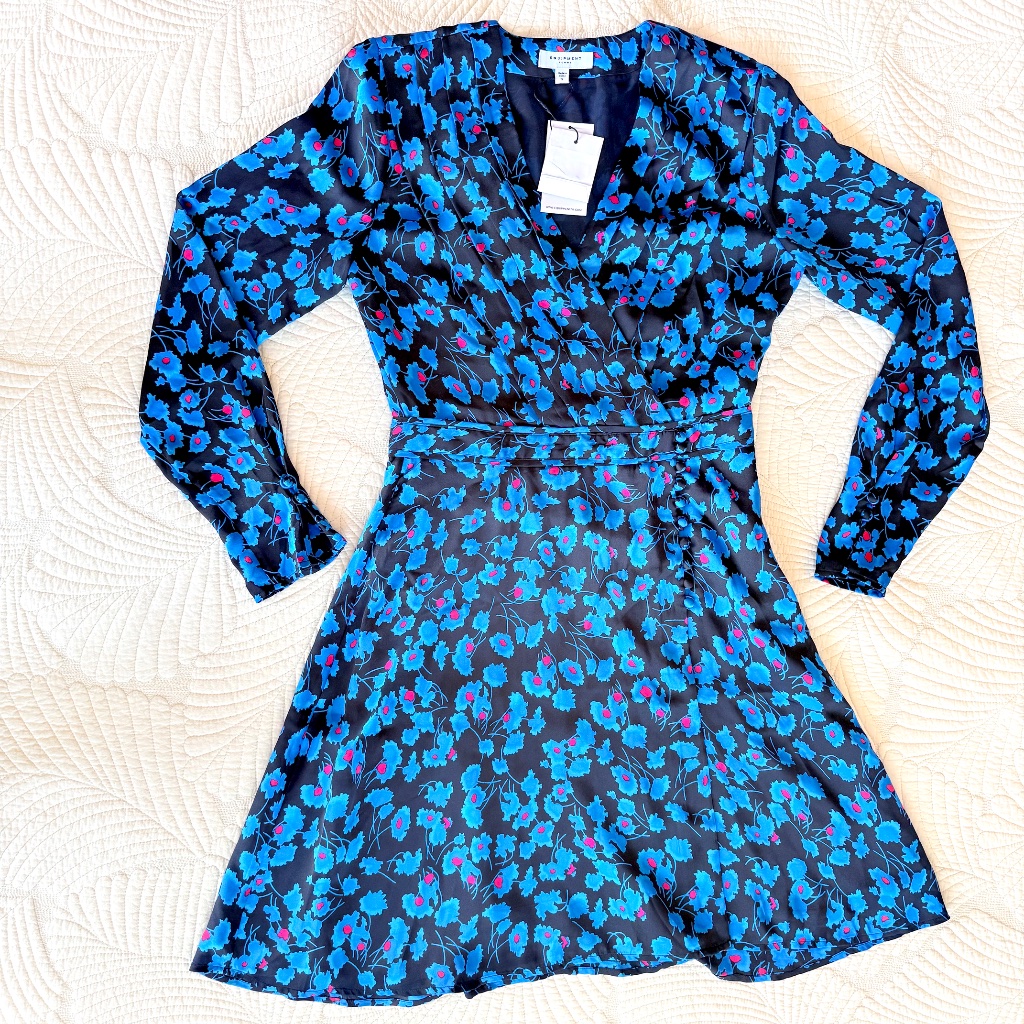 Nwt Equipment Flowy Feminine Collie Faux Wrap Blue Floral Mini Dress Size S